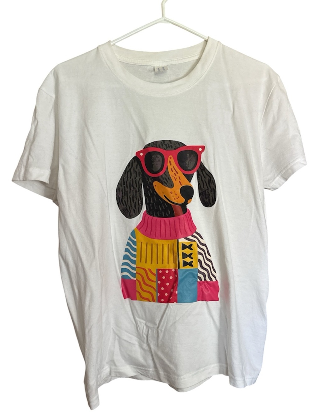 Cotton White Dog Graphic Tee with Pink Sunglasses Print